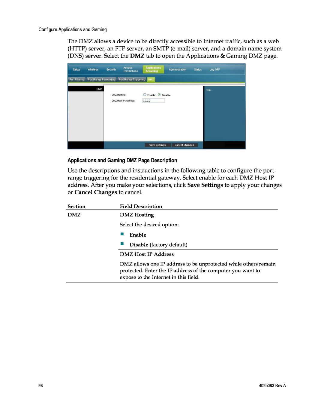 Cisco Systems 4039760, EPC3827, DPC3827 important safety instructions Applications and Gaming DMZ Page Description 