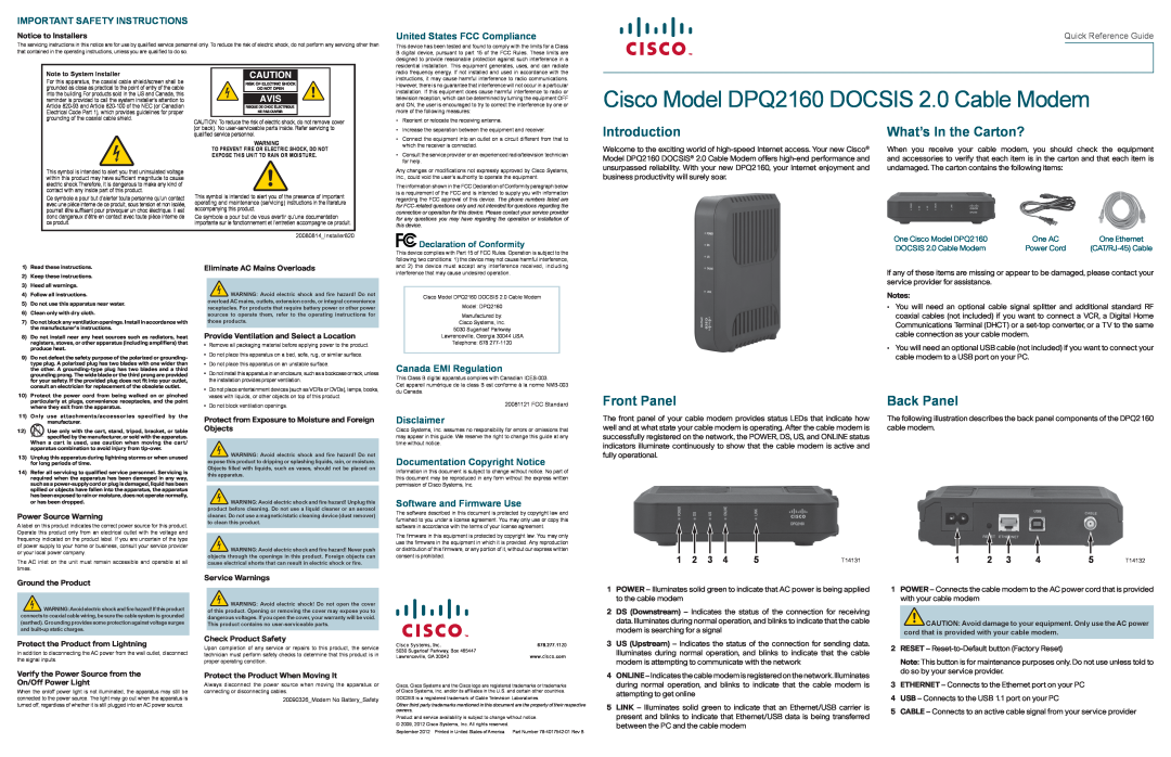 Cisco Systems 4031762, EPC3925 important safety instructions Introduction, What’s In the Carton?, Front Panel, Back Panel 