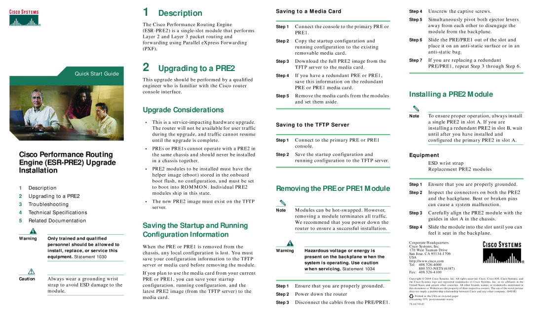 Cisco Systems ESR-PRE2 quick start Description, Upgrading to a PRE2, Upgrade Considerations, Installing a PRE2 Module 