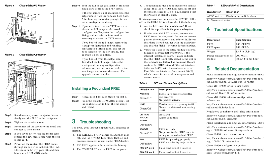 Cisco Systems ESR-PRE2 quick start Related Documentation, Troubleshooting, Installing a Redundant PRE2 