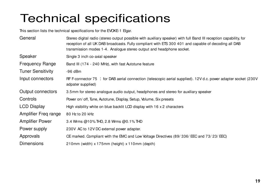 Cisco Systems EVOKE-1 manual Technical specifications 