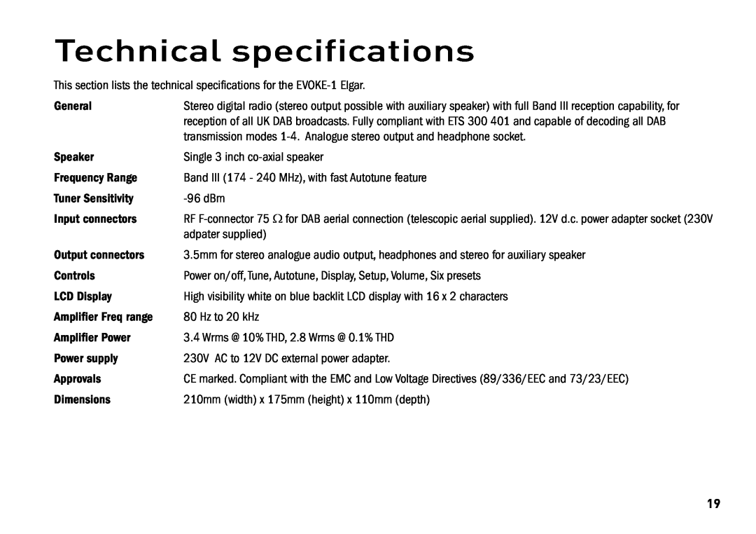 Cisco Systems EVOKE-1 manual Technical specifications 
