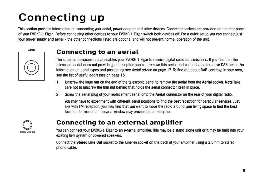 Cisco Systems EVOKE-1 manual Connecting up, Connecting to an aerial, Connecting to an external amplifier 