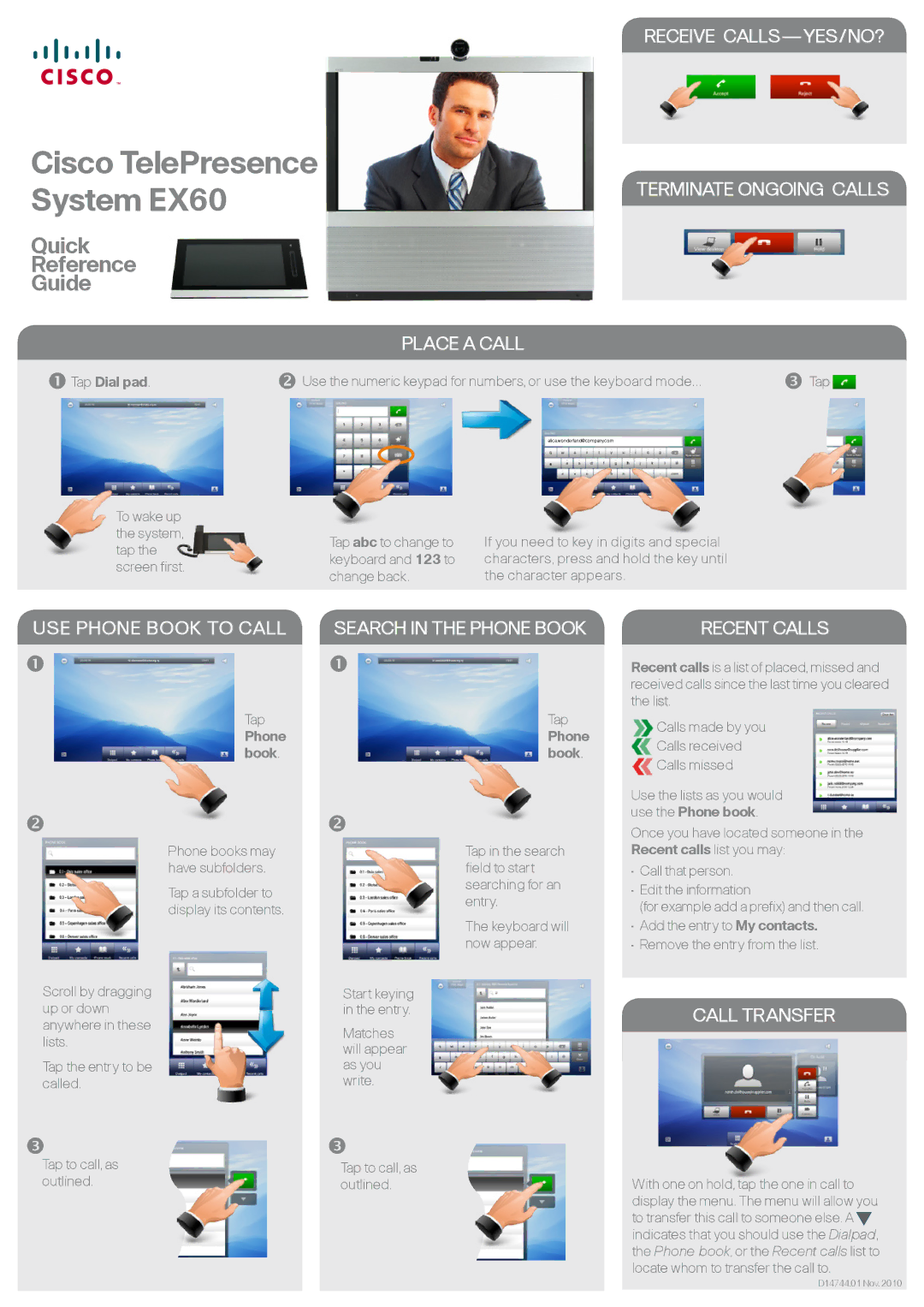 Cisco Systems EX60 manual USE Phone Book to Call, Search in the Phone Book, Recent Calls, Call Transfer 