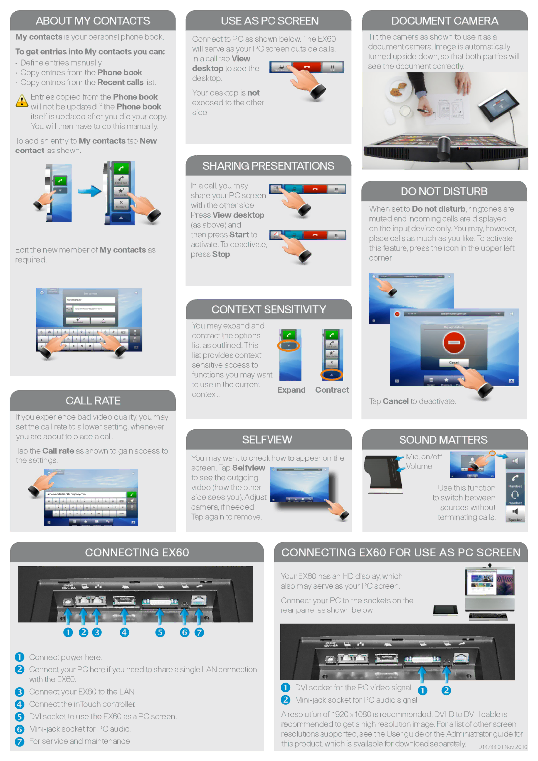 Cisco Systems EX60 About MY Contacts, Call Rate USE AS PC Screen, Sharing Presentations, Context Sensitivity, Selfview 