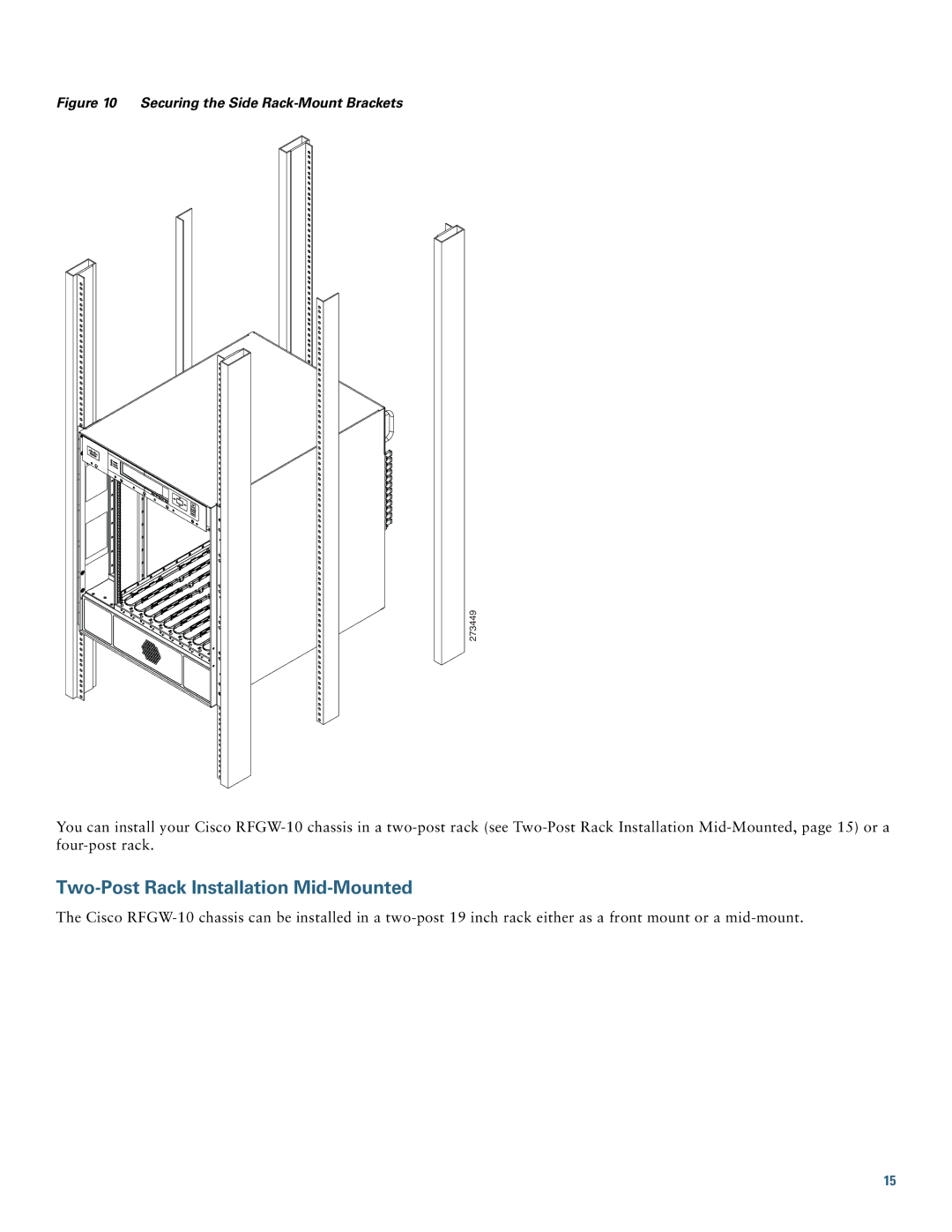 Cisco Systems Gateway 10 quick start Two-Post Rack Installation Mid-Mounted, Securing the Side Rack-Mount Brackets 