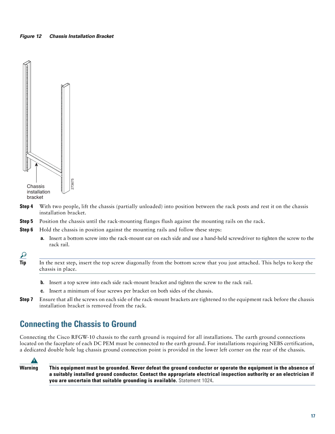 Cisco Systems Gateway 10 quick start Connecting the Chassis to Ground, Chassis Installation Bracket 