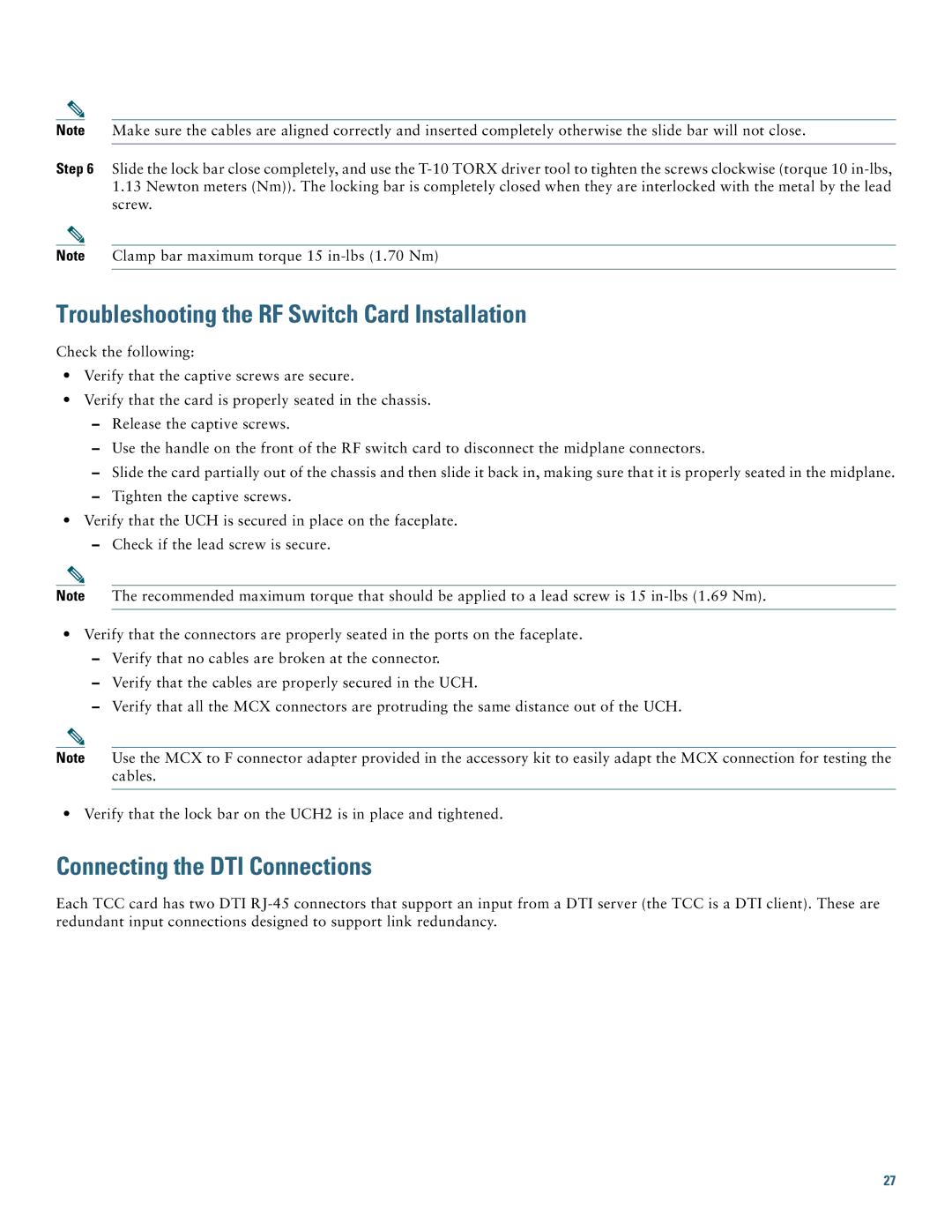 Cisco Systems Gateway 10 quick start Troubleshooting the RF Switch Card Installation, Connecting the DTI Connections 