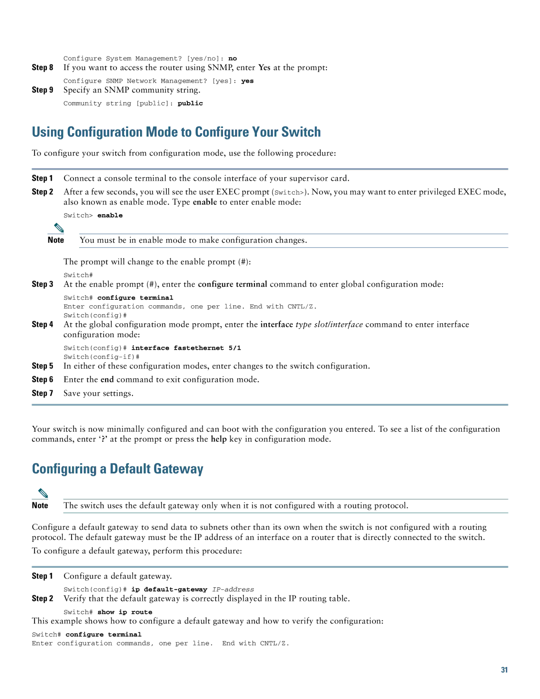 Cisco Systems Gateway 10 quick start Using Configuration Mode to Configure Your Switch, Configuring a Default Gateway 