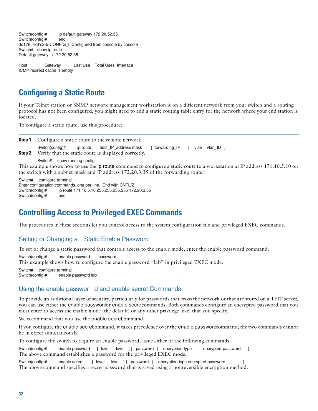 Cisco Systems Gateway 10 quick start Configuring a Static Route, Controlling Access to Privileged Exec Commands 