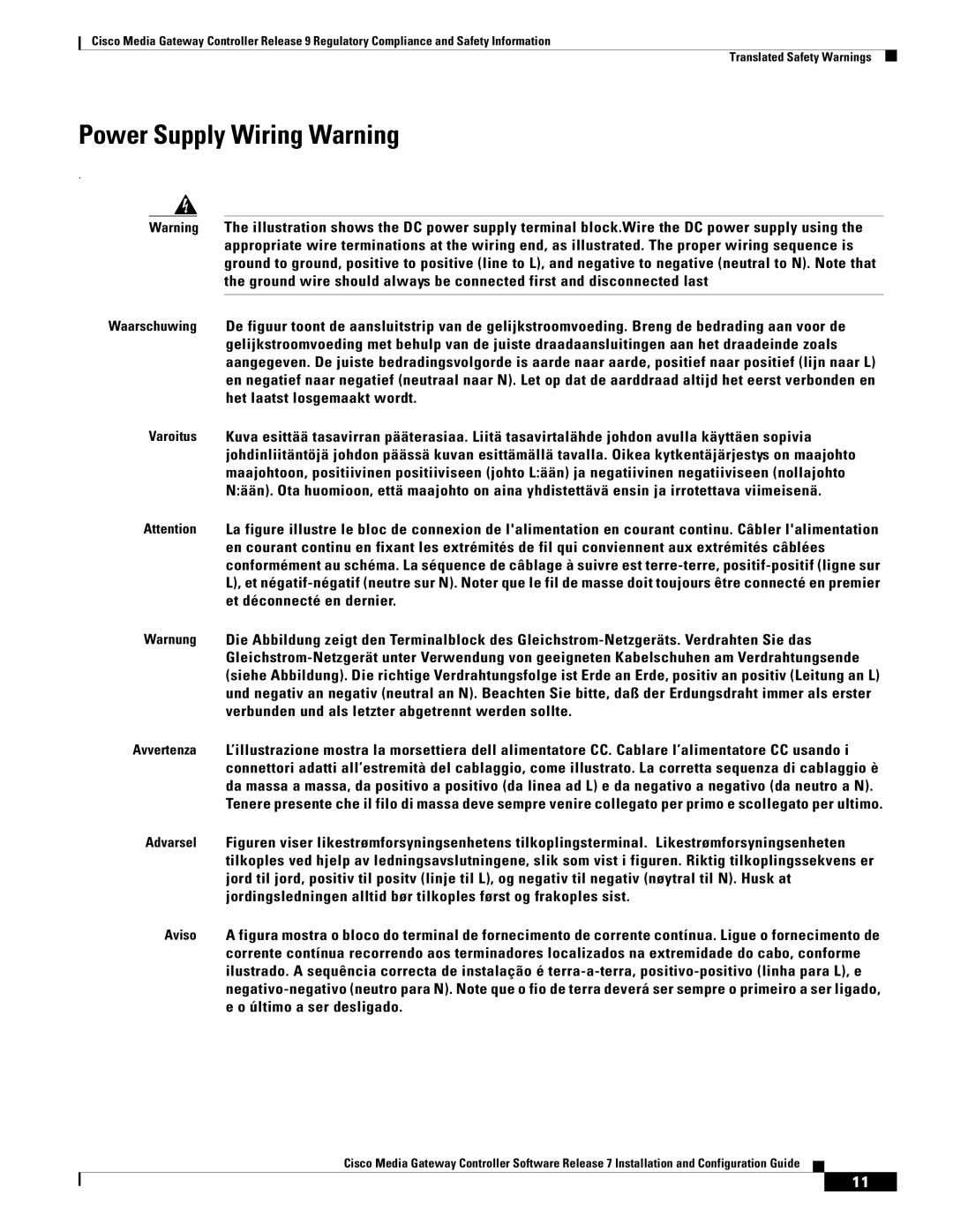 Cisco Systems Gateway Controllers manual Power Supply Wiring Warning 