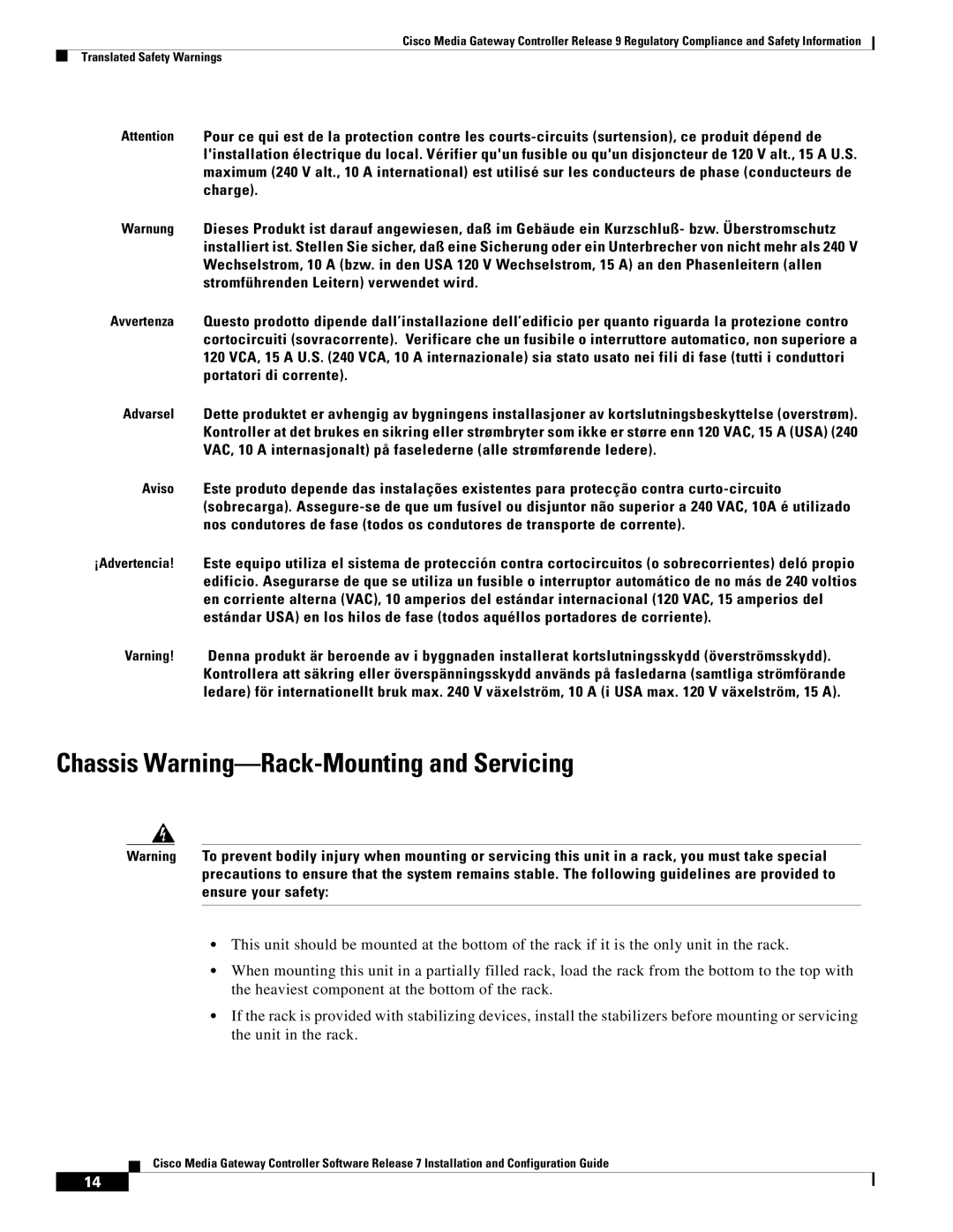 Cisco Systems Gateway Controllers manual Chassis Warning-Rack-Mounting and Servicing 