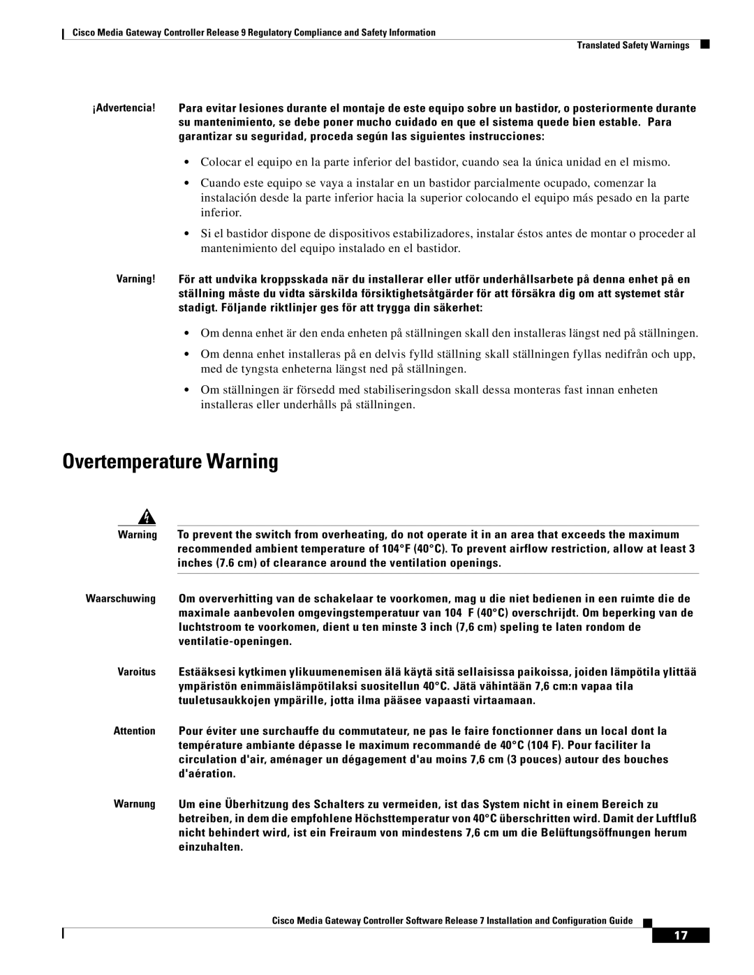 Cisco Systems Gateway Controllers manual Overtemperature Warning 