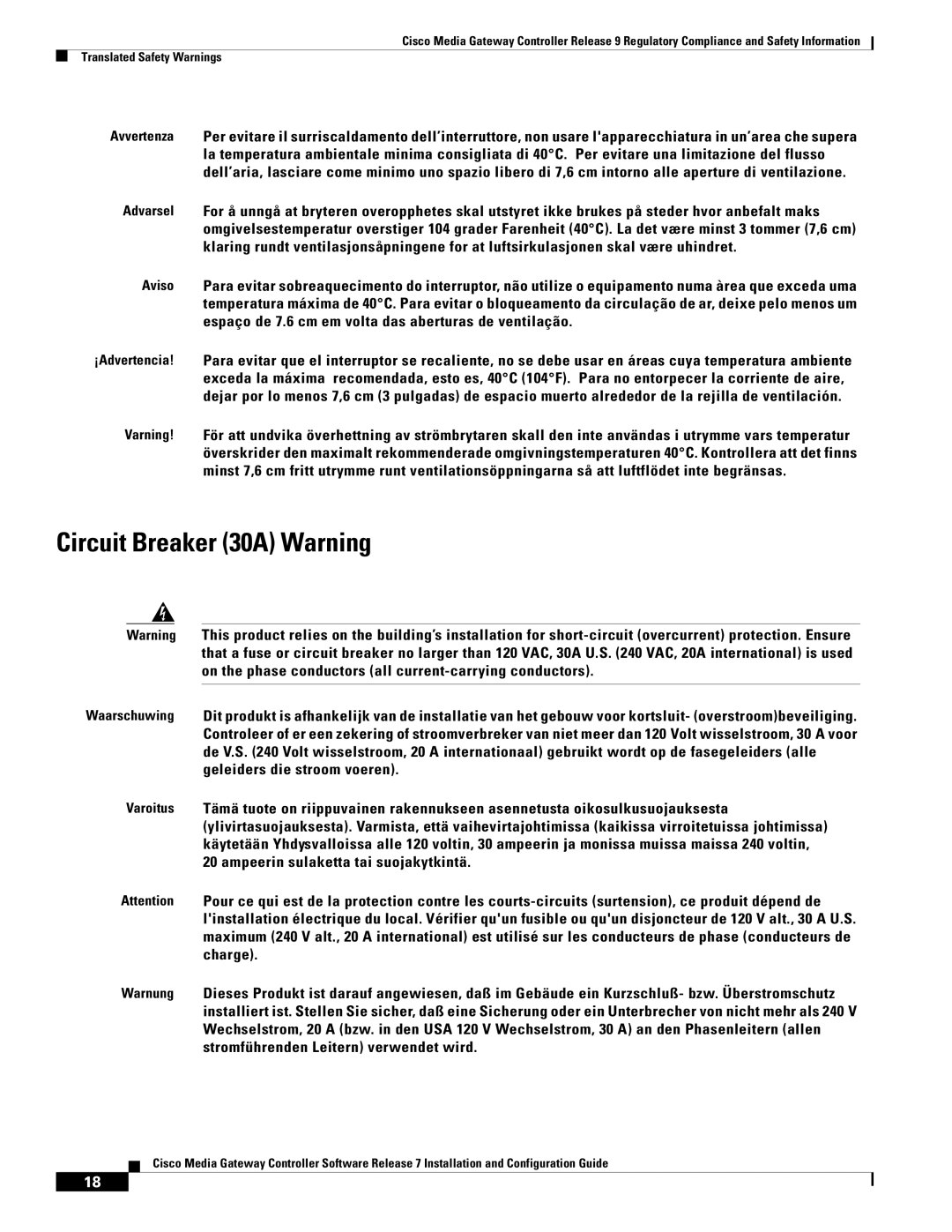 Cisco Systems Gateway Controllers manual Circuit Breaker 30A Warning 