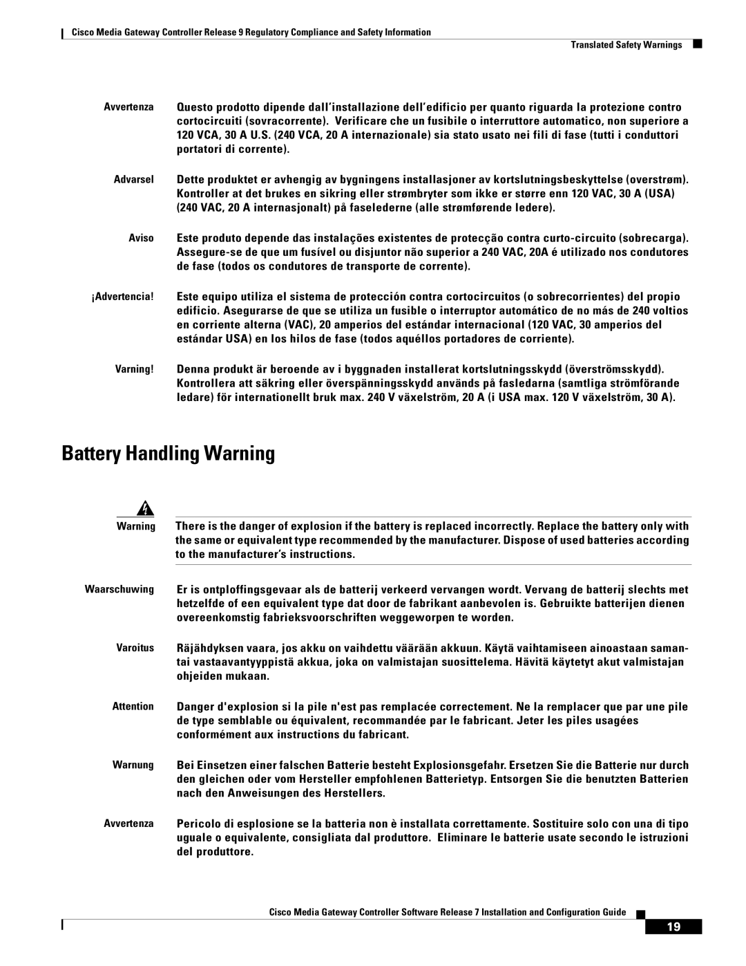 Cisco Systems Gateway Controllers manual Battery Handling Warning 