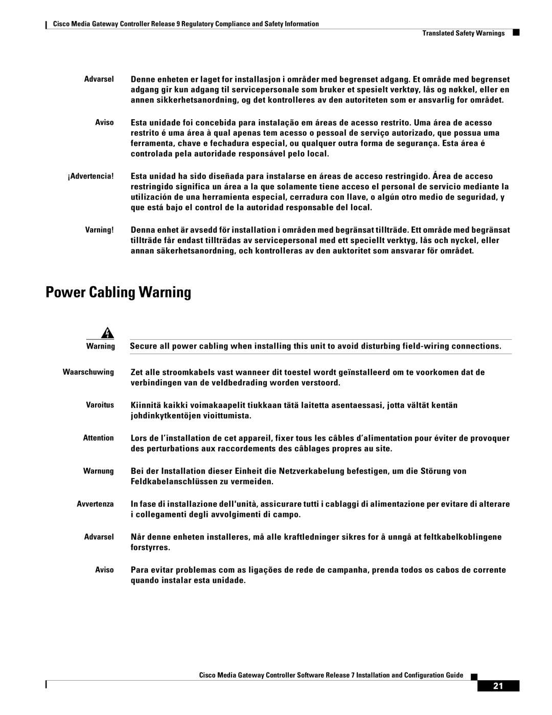 Cisco Systems Gateway Controllers manual Power Cabling Warning 