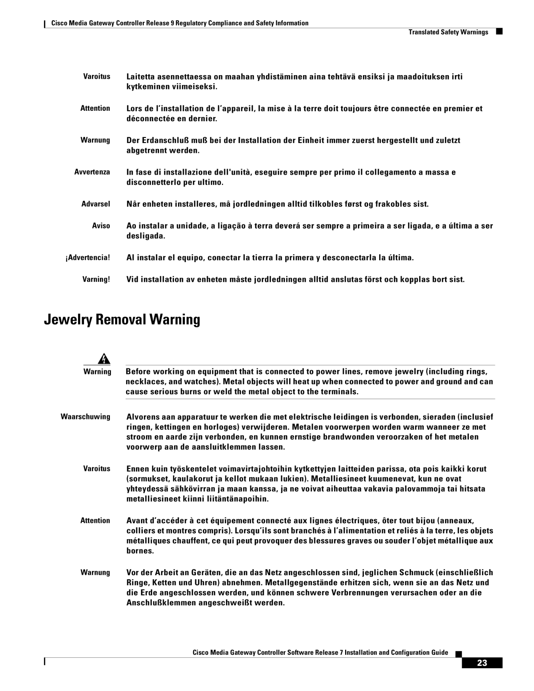 Cisco Systems Gateway Controllers manual Jewelry Removal Warning 