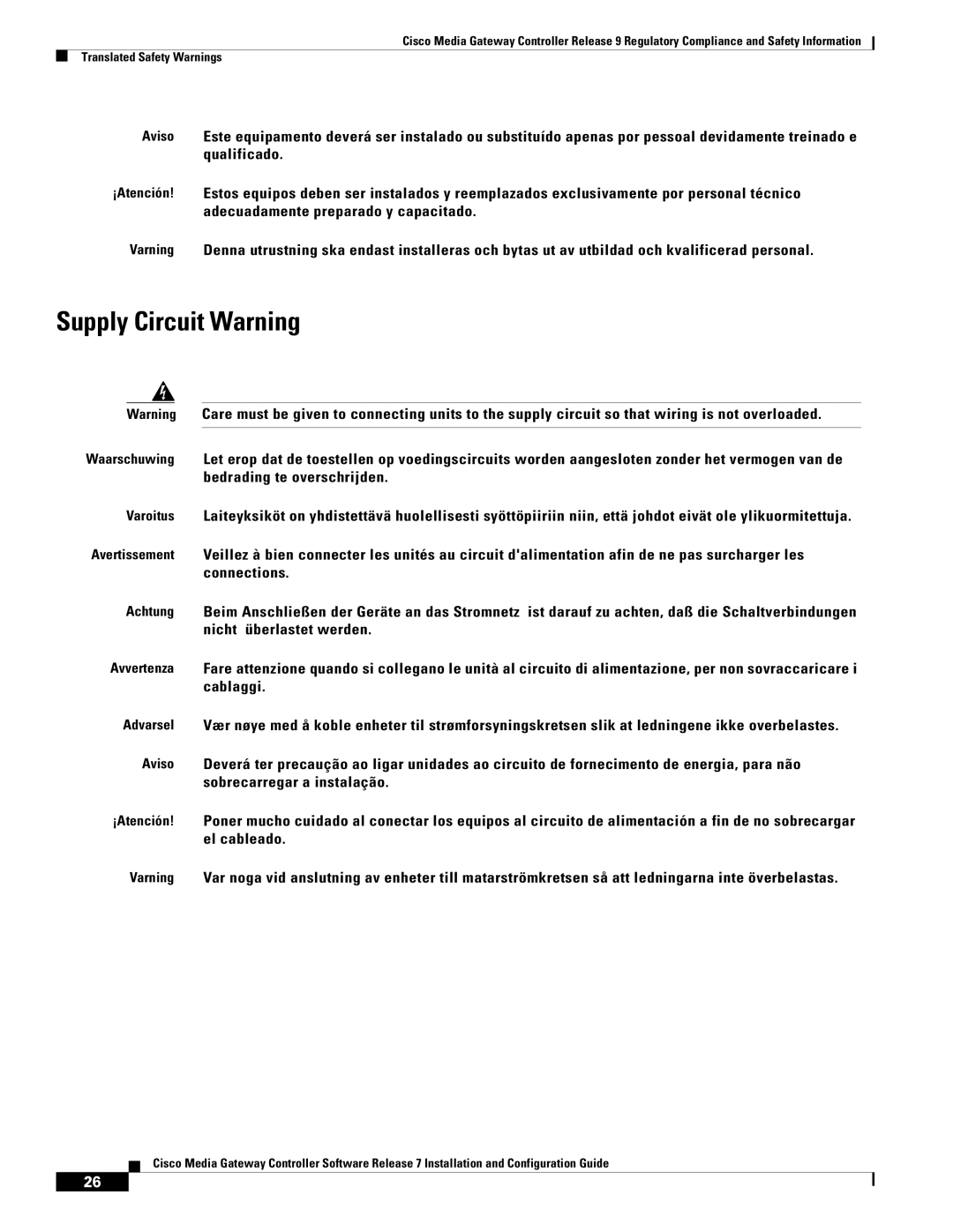 Cisco Systems Gateway Controllers manual Supply Circuit Warning 