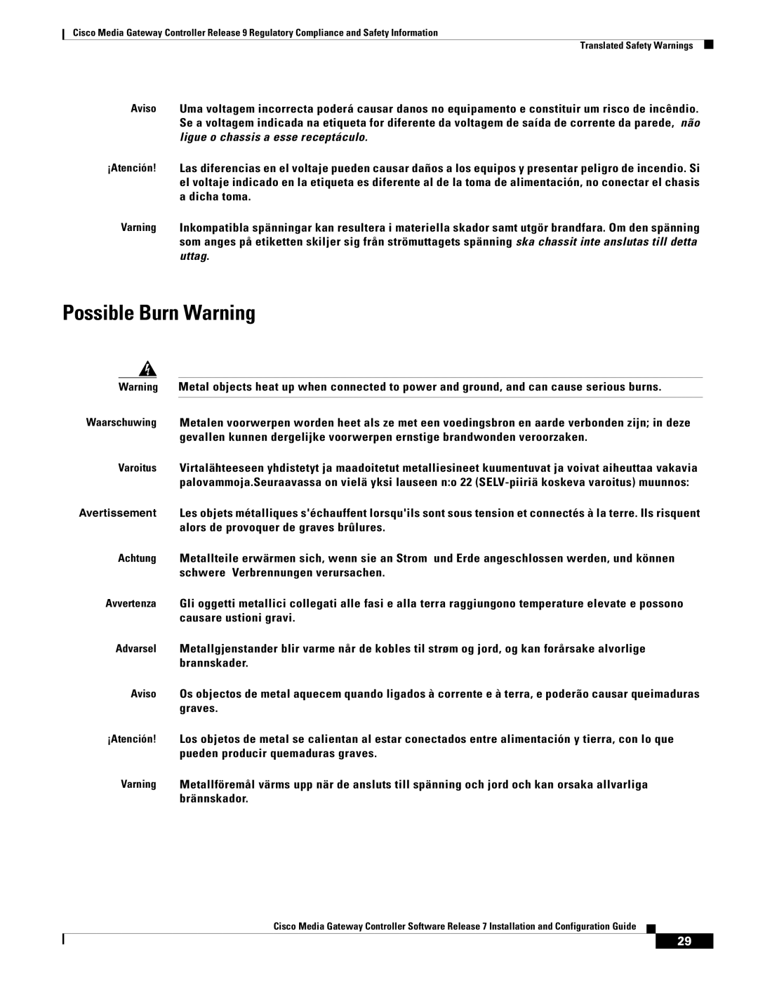 Cisco Systems Gateway Controllers manual Possible Burn Warning 