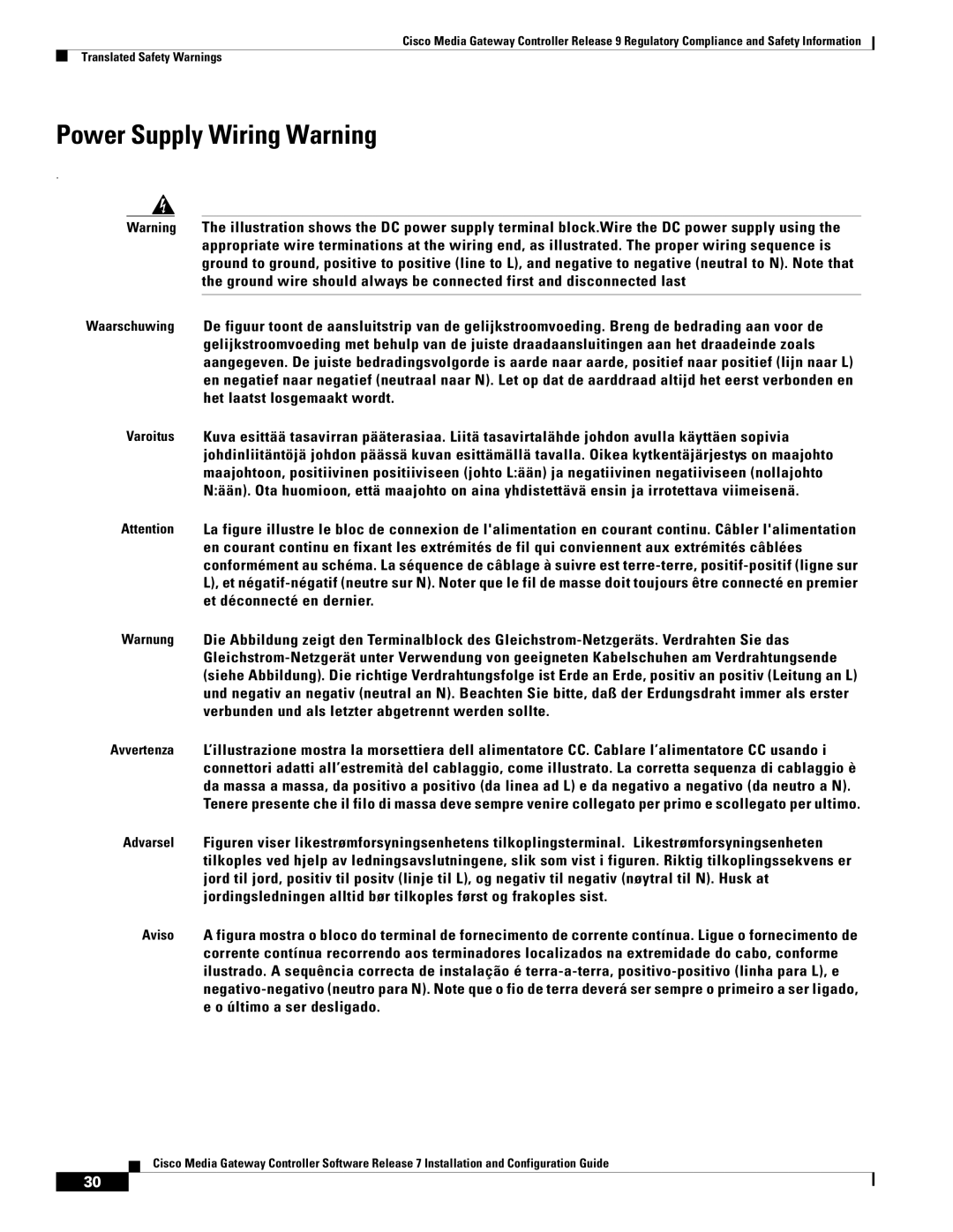 Cisco Systems Gateway Controllers manual Power Supply Wiring Warning 