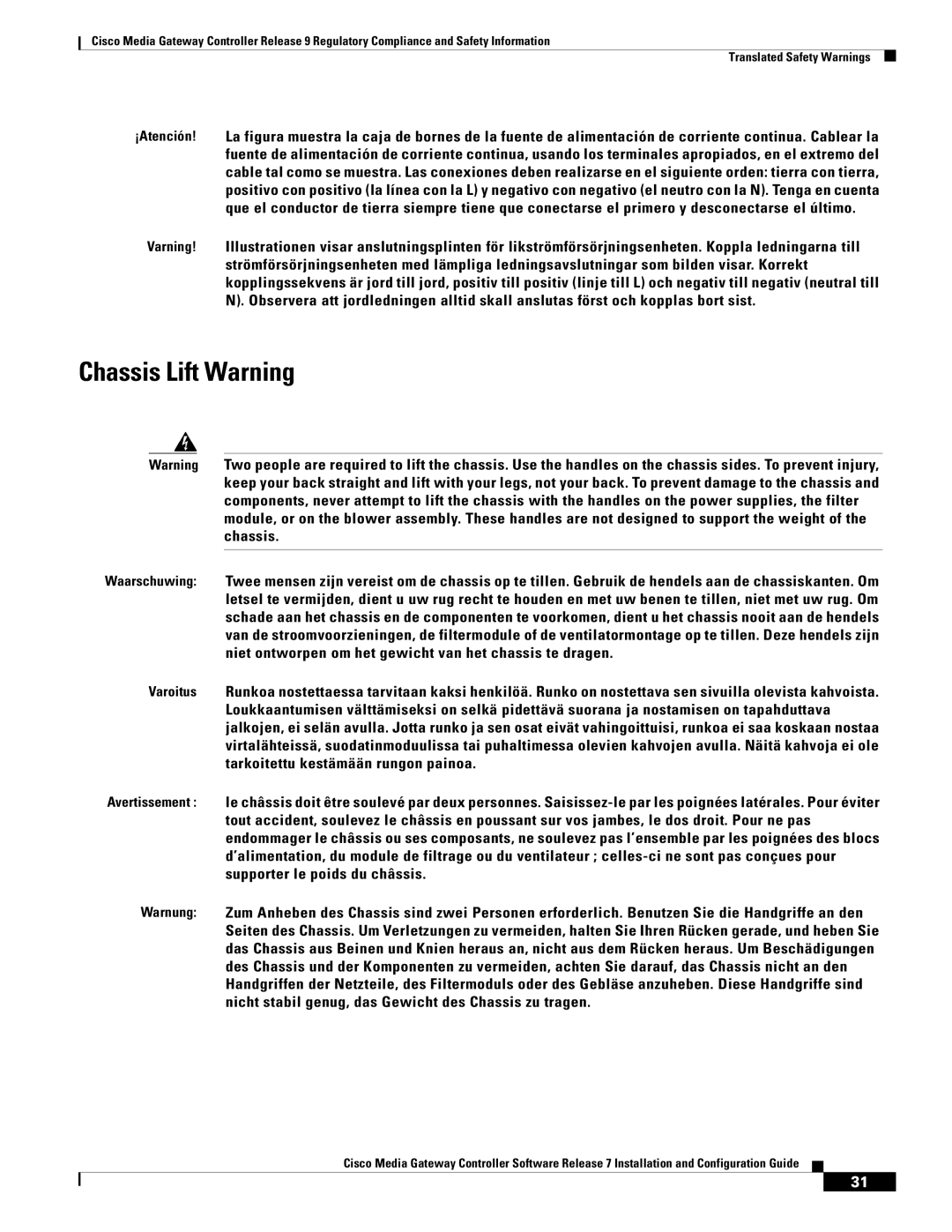 Cisco Systems Gateway Controllers manual Chassis Lift Warning 