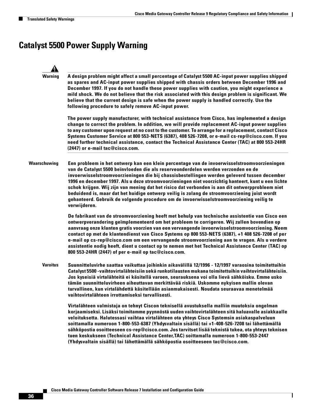 Cisco Systems Gateway Controllers manual Catalyst 5500 Power Supply Warning 