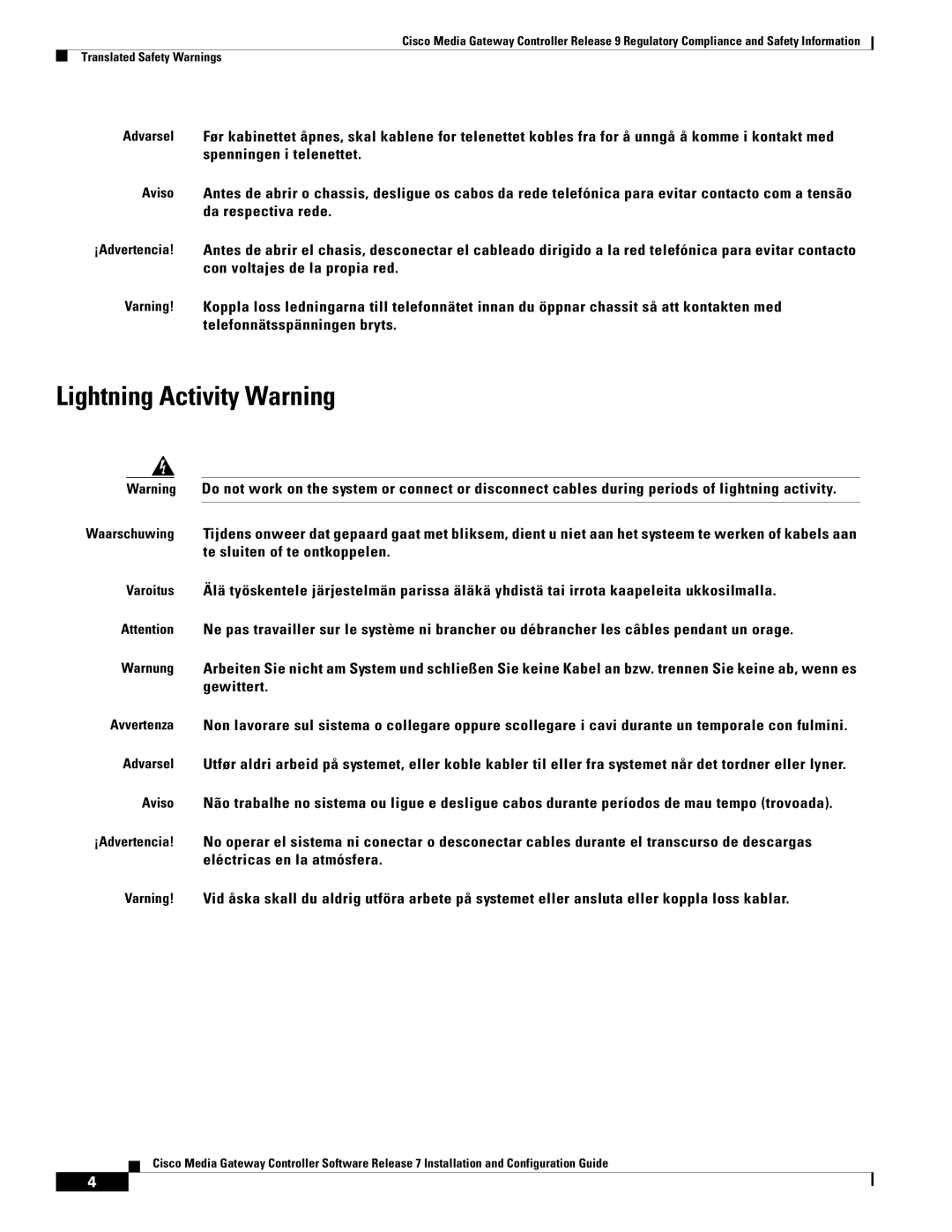 Cisco Systems Gateway Controllers manual Lightning Activity Warning 