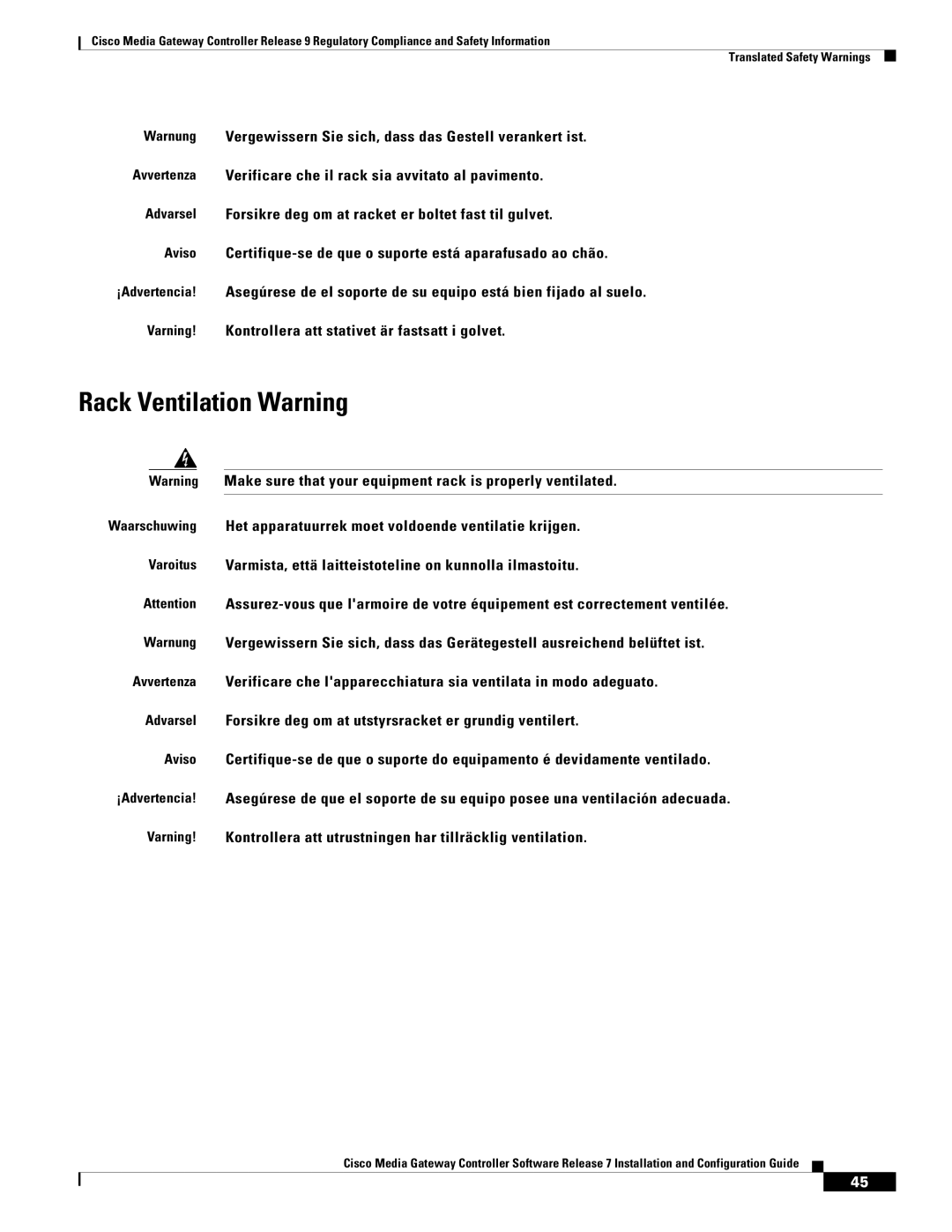 Cisco Systems Gateway Controllers manual Rack Ventilation Warning 