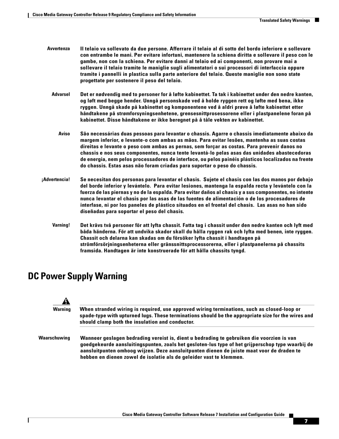 Cisco Systems Gateway Controllers manual DC Power Supply Warning 