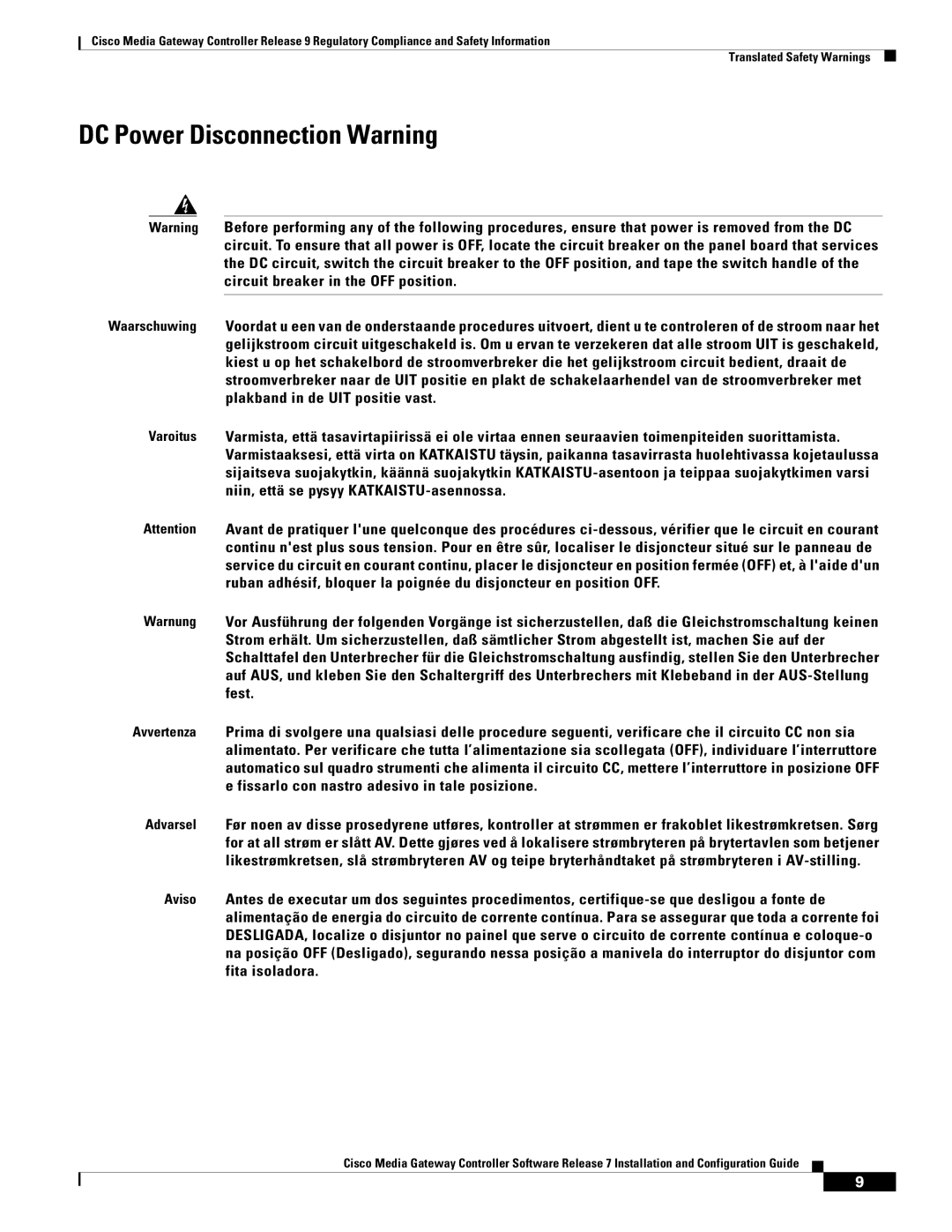 Cisco Systems Gateway Controllers manual DC Power Disconnection Warning 