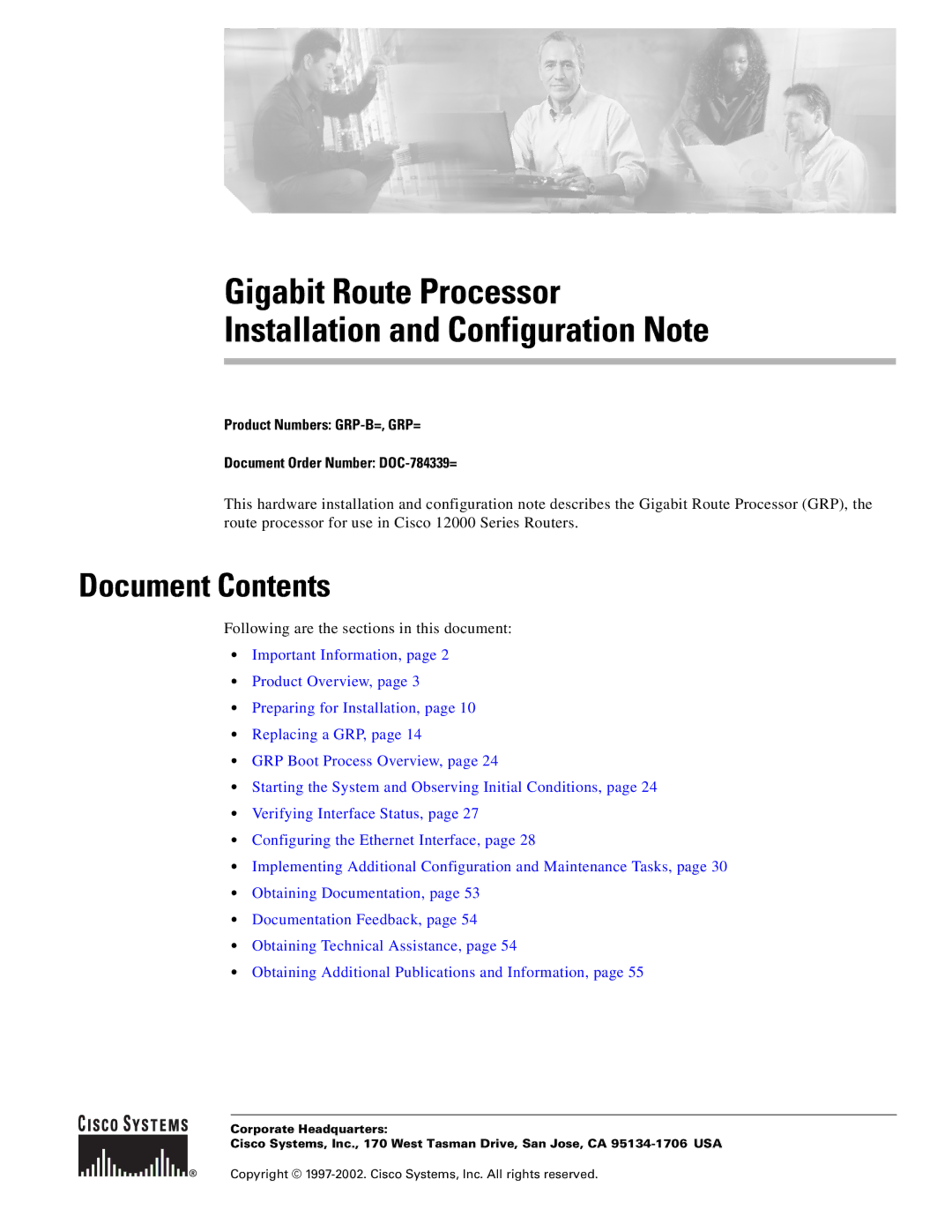 Cisco Systems GRP-B manual Gigabit Route Processor Installation and Configuration Note, Document Contents 