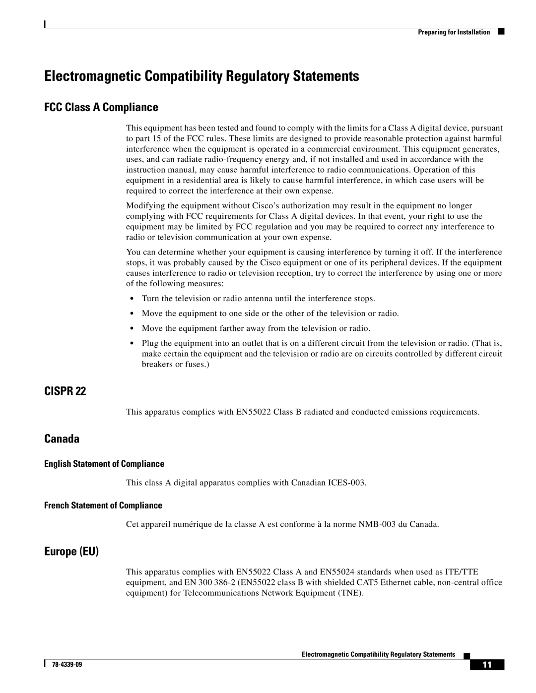 Cisco Systems GRP-B Electromagnetic Compatibility Regulatory Statements, FCC Class a Compliance, Canada, Europe EU 