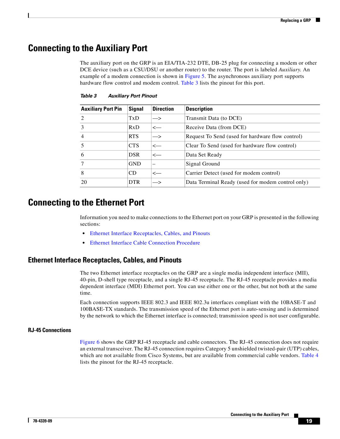 Cisco Systems GRP-B Connecting to the Auxiliary Port, Connecting to the Ethernet Port, Signal Direction Description 