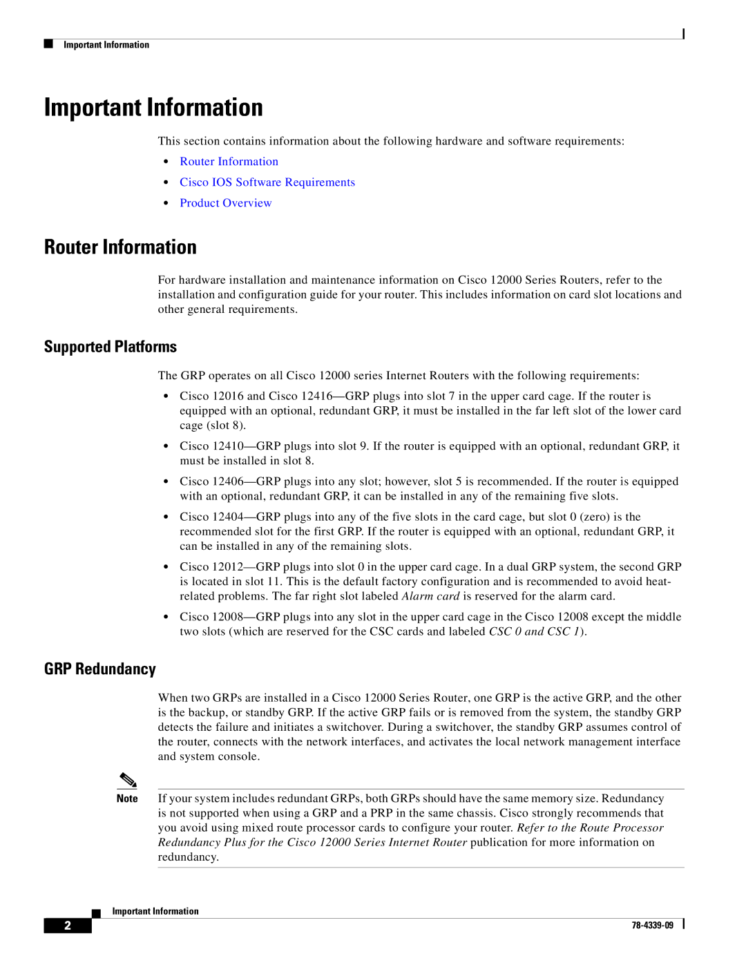 Cisco Systems GRP-B manual Important Information, Router Information, Supported Platforms, GRP Redundancy 