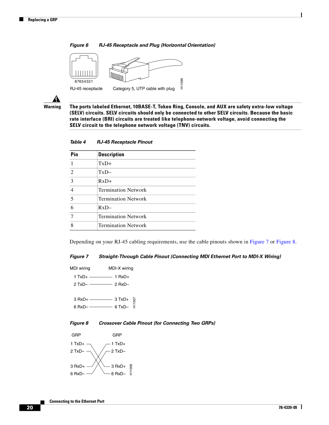 Cisco Systems GRP-B manual Pin Description, RJ-45 Receptacle and Plug Horizontal Orientation 