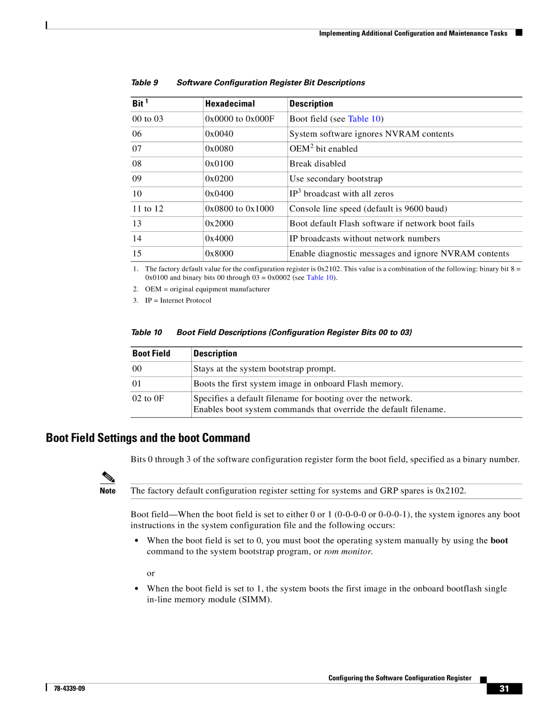 Cisco Systems GRP-B manual Boot Field Settings and the boot Command, Bit Hexadecimal Description, Boot Field Description 