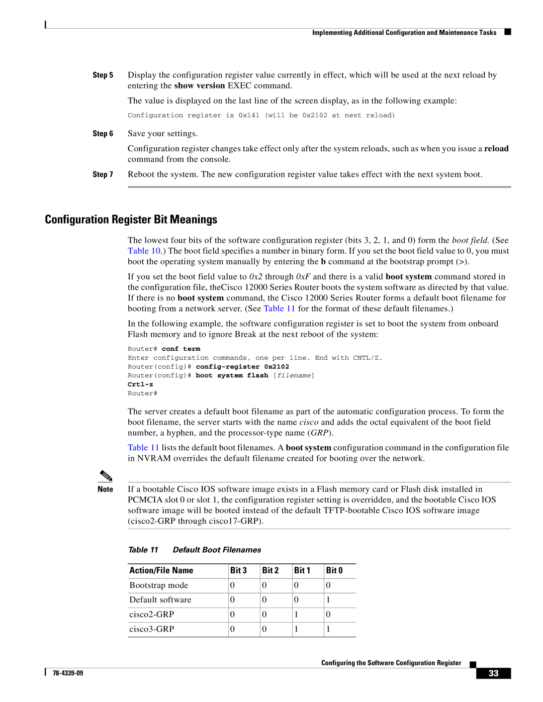 Cisco Systems GRP-B manual Configuration Register Bit Meanings, Action/File Name Bit 