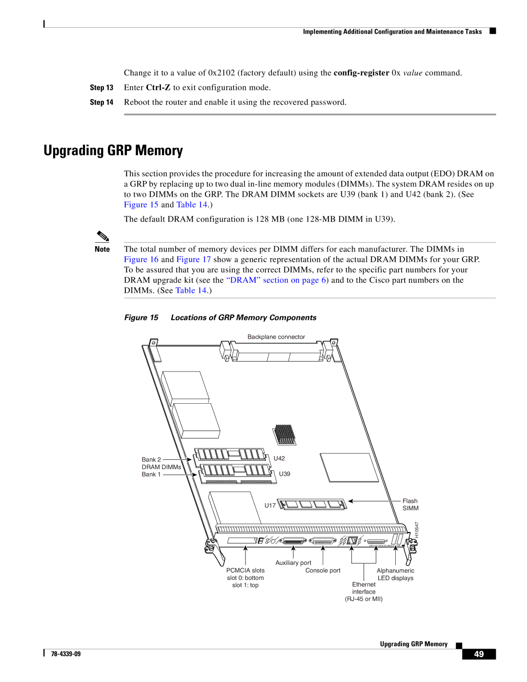 Cisco Systems GRP-B manual Upgrading GRP Memory, Locations of GRP Memory Components 