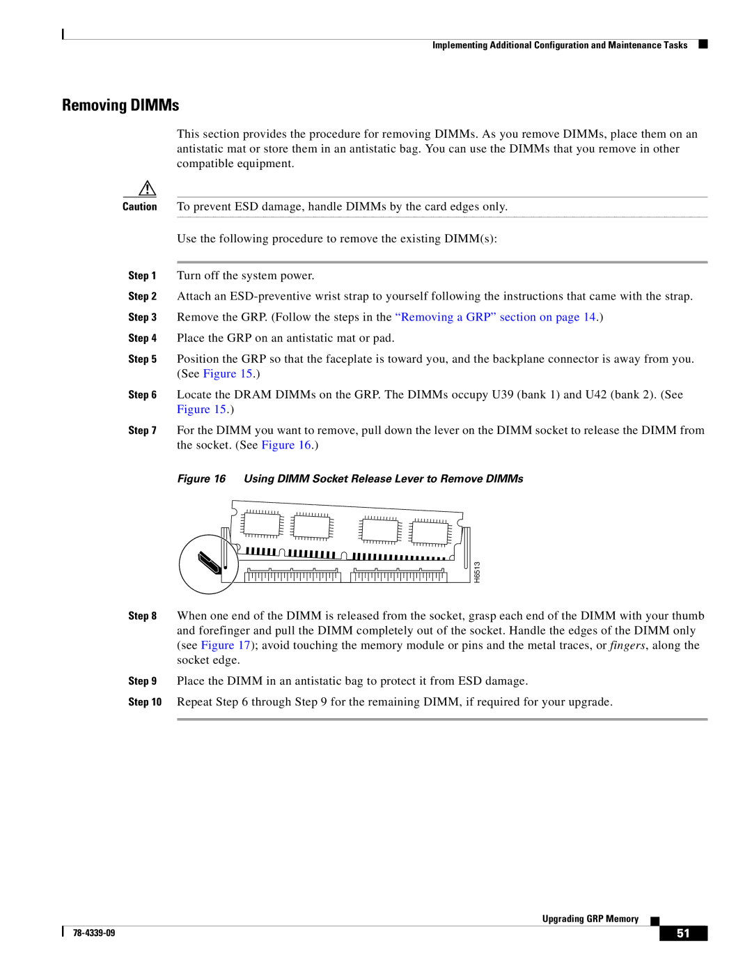 Cisco Systems GRP-B manual Removing DIMMs, Using Dimm Socket Release Lever to Remove DIMMs 