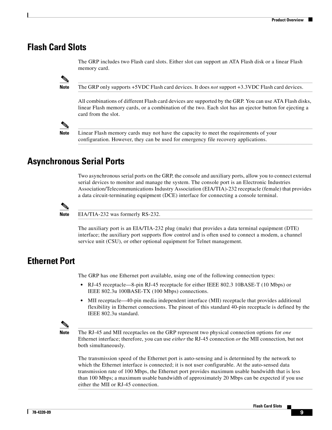 Cisco Systems GRP-B manual Flash Card Slots, Asynchronous Serial Ports, Ethernet Port 