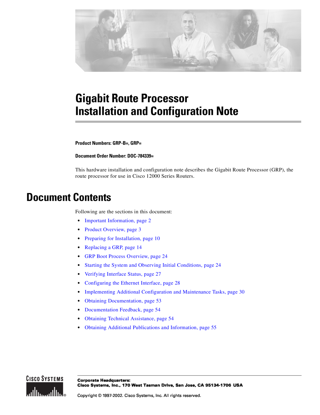 Cisco Systems GRP-B manual Document Contents, Important Information, page Product Overview, page 