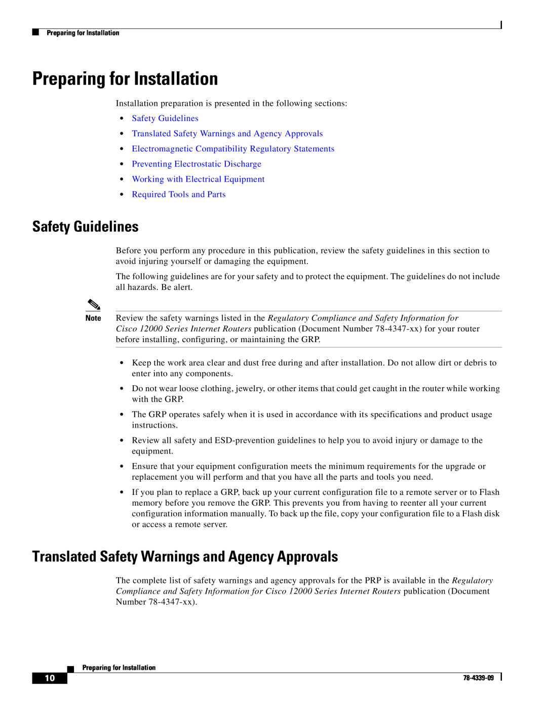 Cisco Systems GRP-B manual Preparing for Installation, Safety Guidelines, Translated Safety Warnings and Agency Approvals 