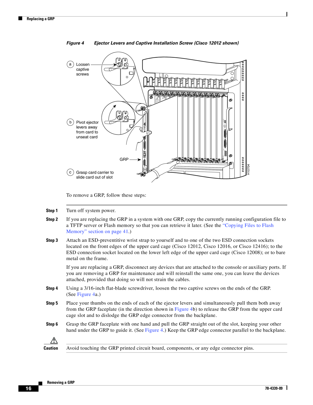 Cisco Systems GRP-B manual Replacing a GRP, a Loosen captive screws, Pivot ejector, levers away, from card to, unseat card 