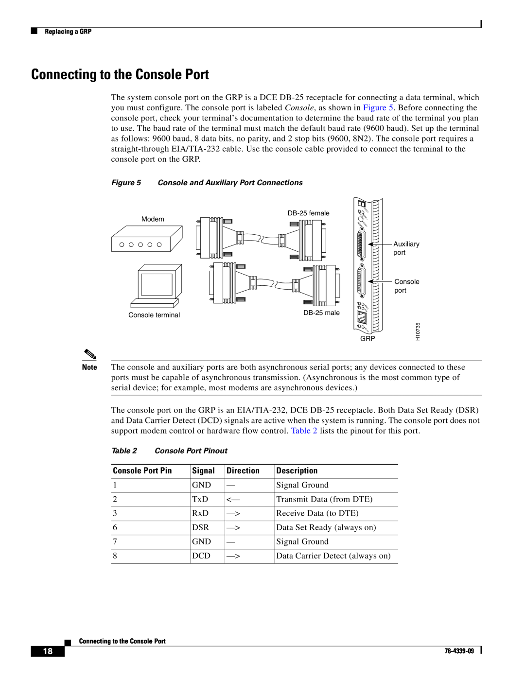 Cisco Systems GRP-B manual Connecting to the Console Port, Console and Auxiliary Port Connections, Console Port Pinout 