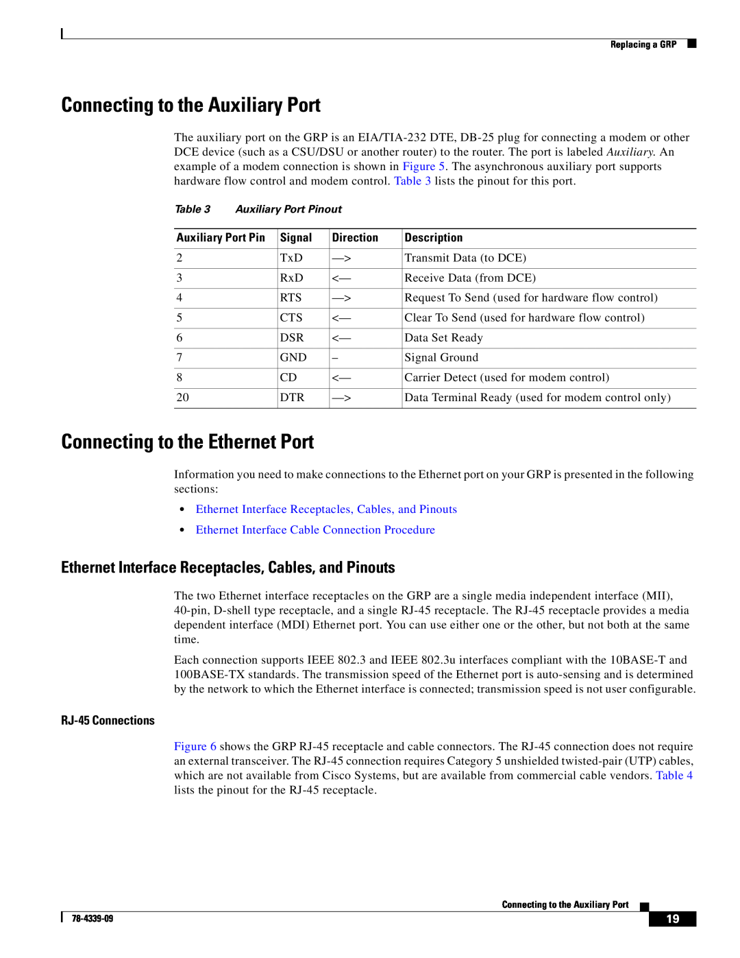 Cisco Systems GRP-B manual Connecting to the Auxiliary Port, Connecting to the Ethernet Port, RJ-45 Connections 