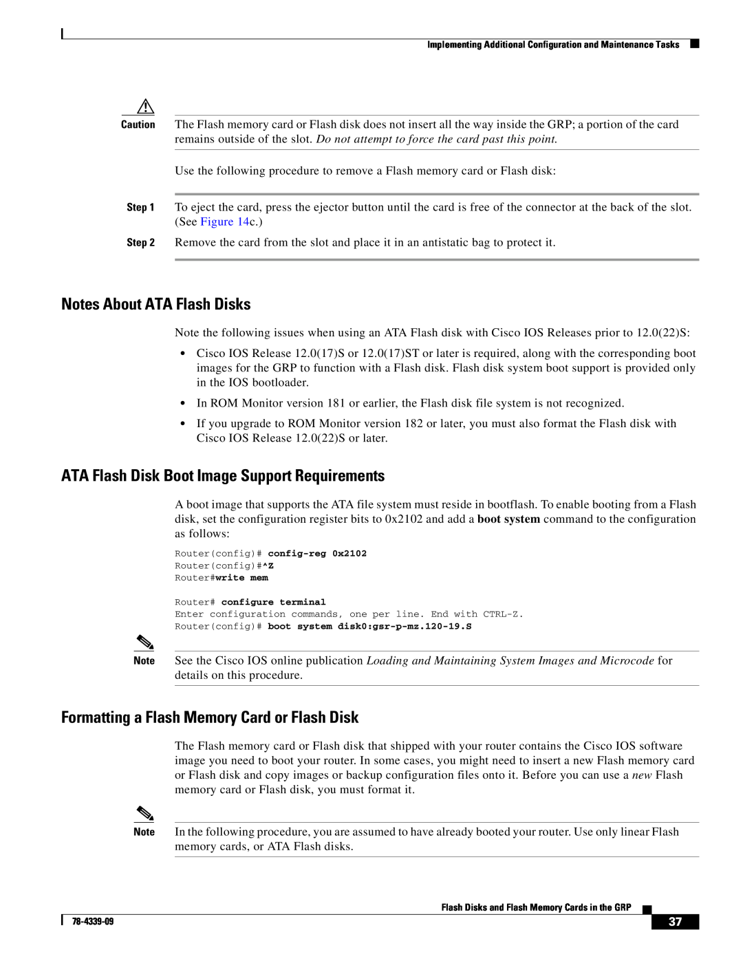 Cisco Systems GRP Notes About ATA Flash Disks, ATA Flash Disk Boot Image Support Requirements, Routerconfig# config-reg 