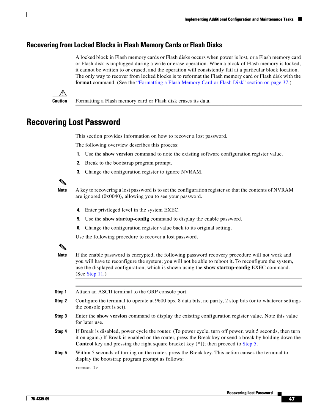 Cisco Systems GRP-B manual Recovering Lost Password, Recovering from Locked Blocks in Flash Memory Cards or Flash Disks 