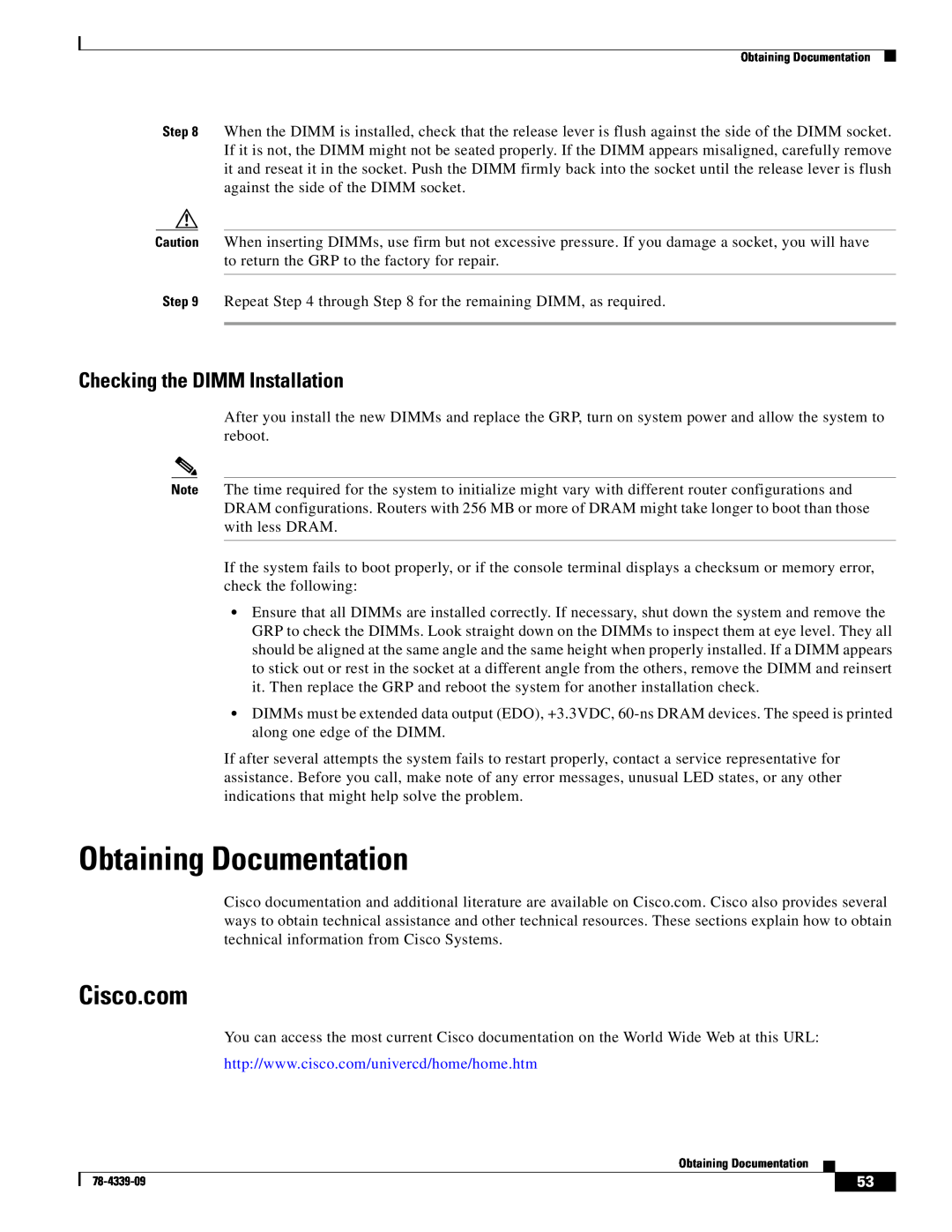 Cisco Systems GRP-B manual Obtaining Documentation, Cisco.com, Checking the DIMM Installation 