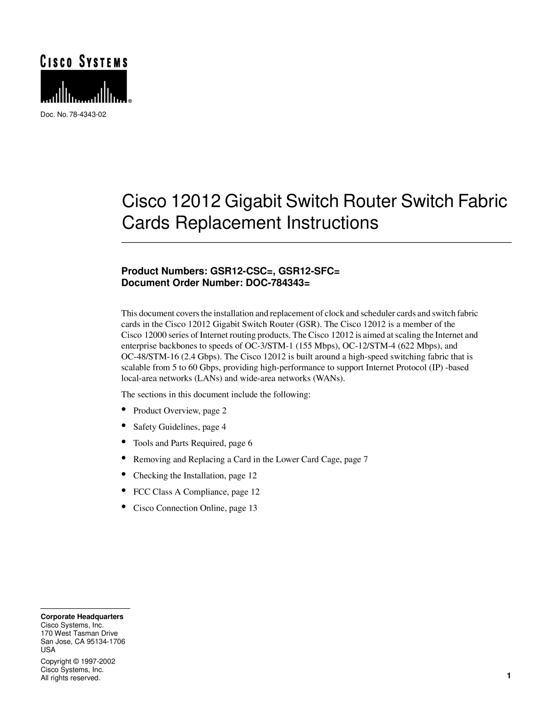 Cisco Systems manual Product Numbers GSR12-CSC=, GSR12-SFC=, Document Order Number DOC-784343= 