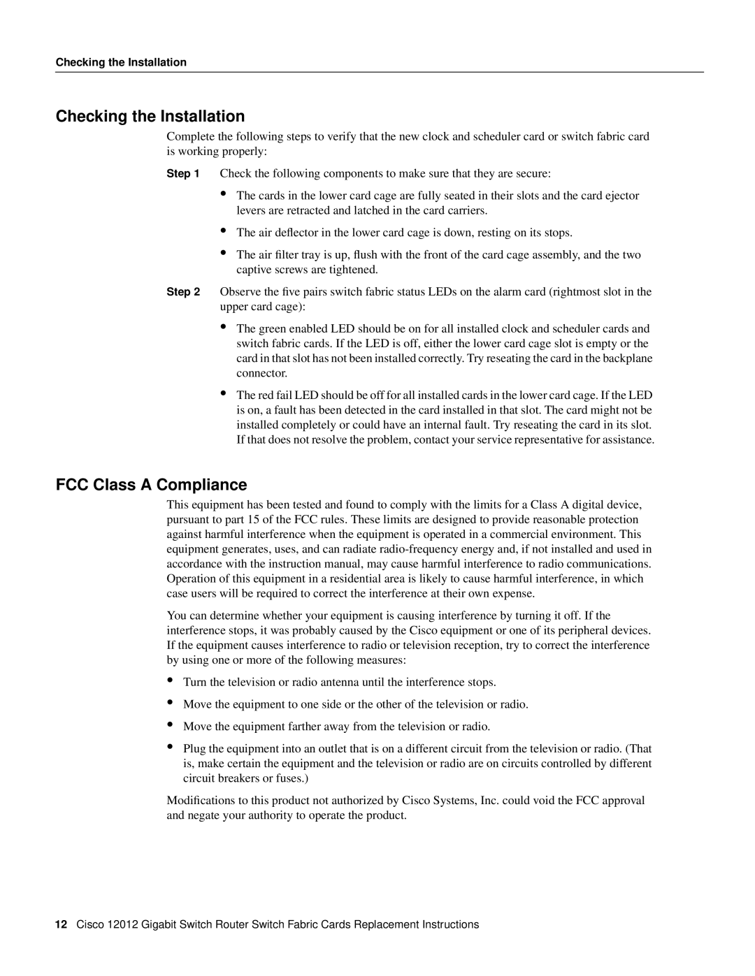 Cisco Systems GSR12-CSC=, GSR12-SFC= manual Checking the Installation, FCC Class A Compliance 